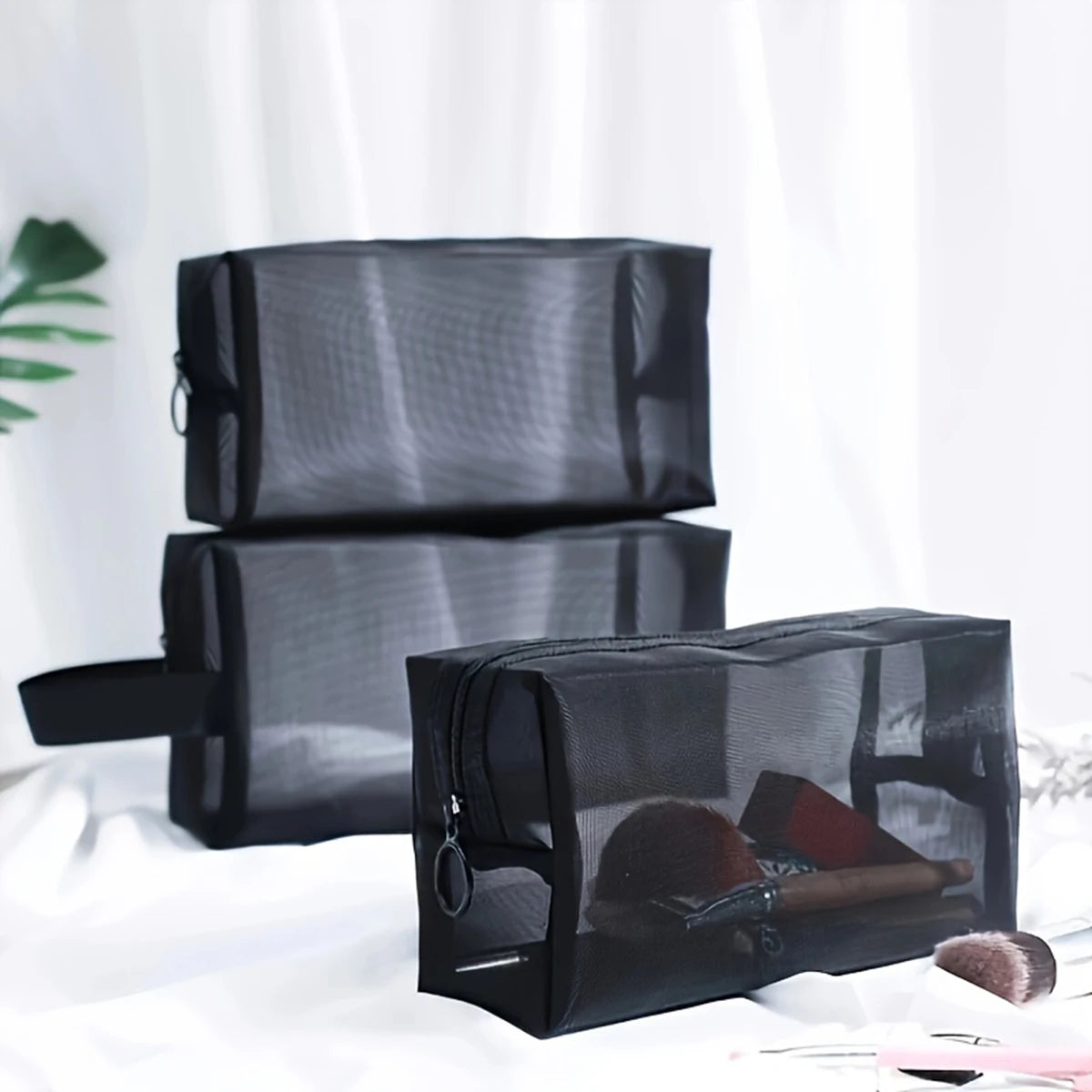 1PC Travel Black Mesh Cosmetic Bag Zipper Makeup Bag For Women Wash Toiletry Bag Makeup Organizer Portable Storage Pouch