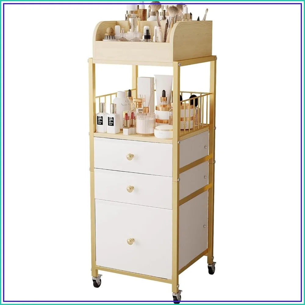 Floor Makeup Organizer Cart with Drawers, 3-Tier Cosmetic Storage for Skincare, Perfume, Nail Polish, Hair Tools, Gold