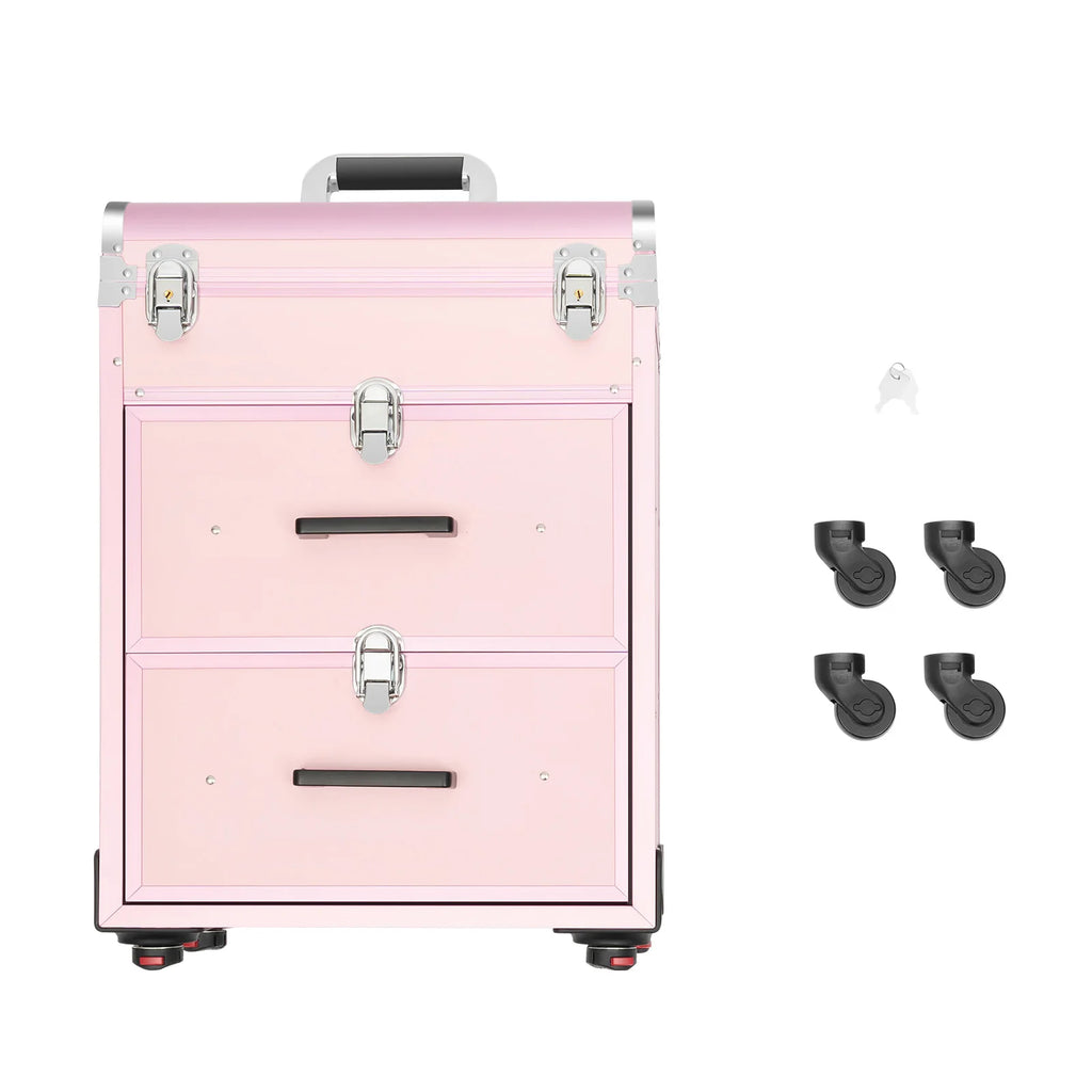 Bymaocar 40 Grids Makeup Train Case Pink Rolling Cosmetic Case 2 Large Drawers Detachable Storage Bag 3 Level Telescopic Handle Lightweight 14.8lbs Silent Universal Wheels for Nail Tattoo Beauty Salon