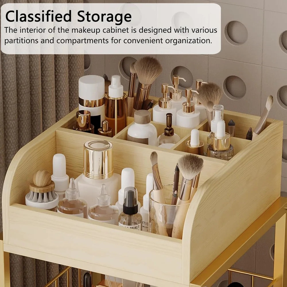 Floor Makeup Organizer Cart with Drawers, 3-Tier Cosmetic Storage for Skincare, Perfume, Nail Polish, Hair Tools, Gold