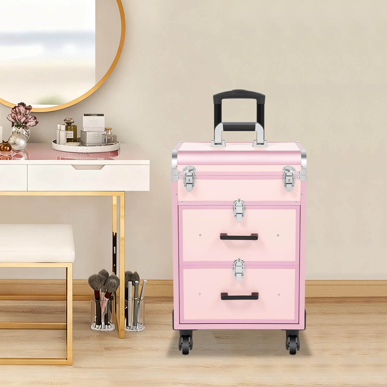 Bymaocar 40 Grids Makeup Train Case Pink Rolling Cosmetic Case 2 Large Drawers Detachable Storage Bag 3 Level Telescopic Handle Lightweight 14.8lbs Silent Universal Wheels for Nail Tattoo Beauty Salon