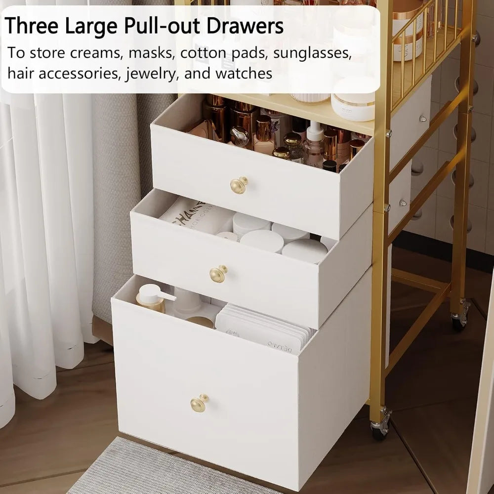 Floor Makeup Organizer Cart with Drawers, 3-Tier Cosmetic Storage for Skincare, Perfume, Nail Polish, Hair Tools, Gold
