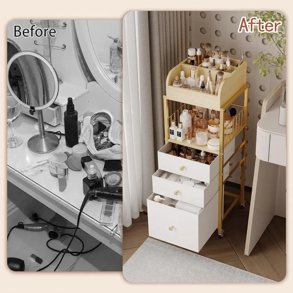 Floor Makeup Organizer Cart with Drawers, 3-Tier Cosmetic Storage for Skincare, Perfume, Nail Polish, Hair Tools, Gold