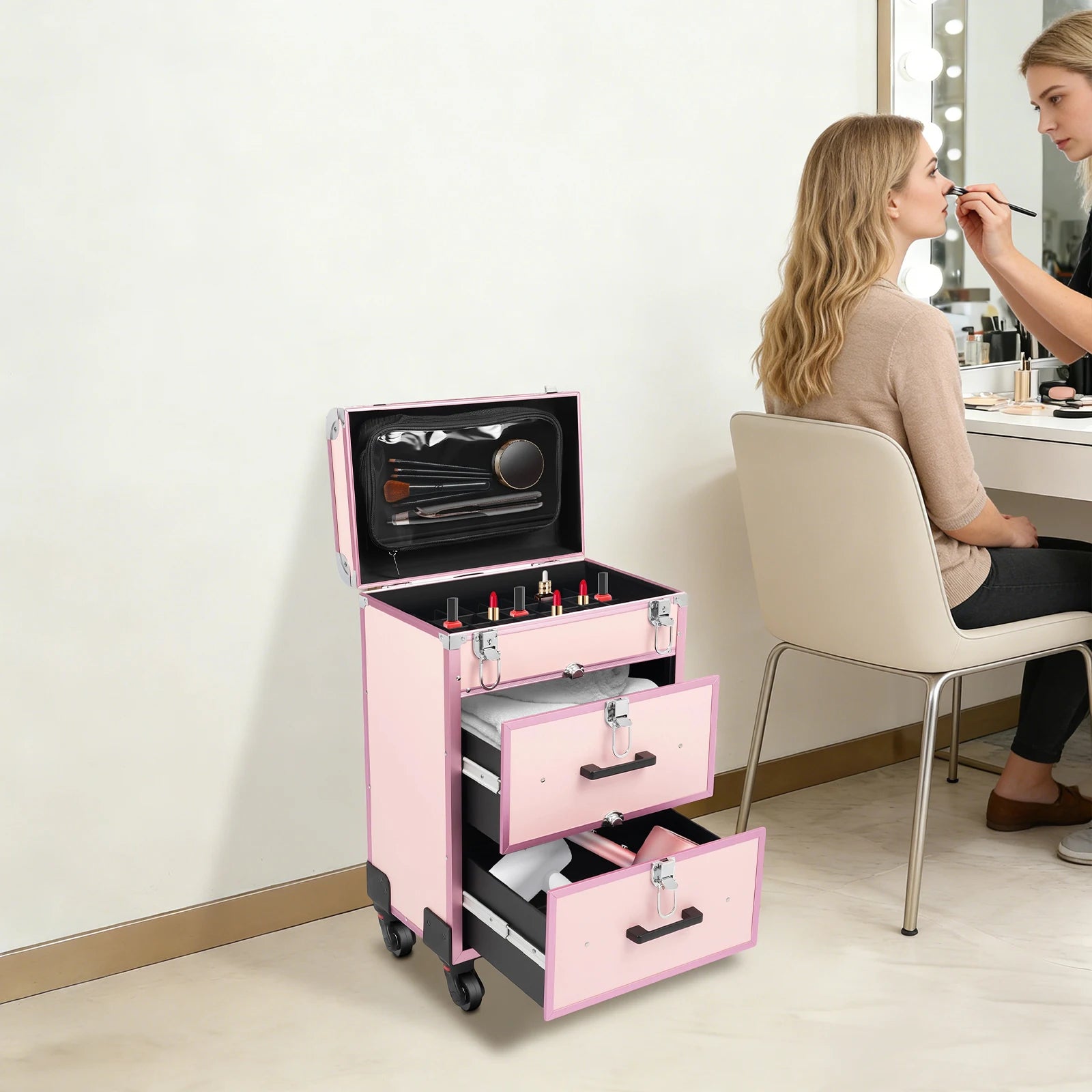 Bymaocar 40 Grids Makeup Train Case Pink Rolling Cosmetic Case 2 Large Drawers Detachable Storage Bag 3 Level Telescopic Handle Lightweight 14.8lbs Silent Universal Wheels for Nail Tattoo Beauty Salon