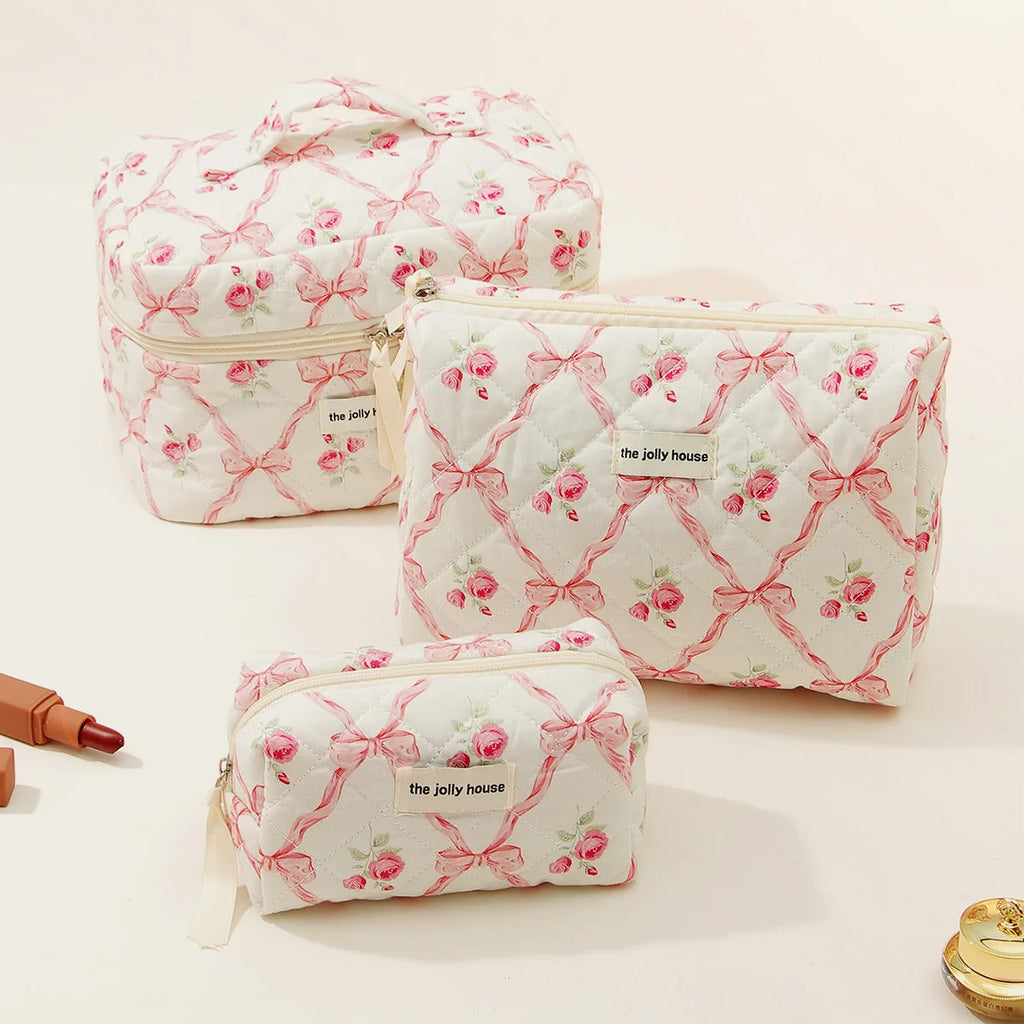 1pcs Cute Quilted Cotton Makeup Bag Women Zipper Cosmetic Organizer Cloth Handbag Box Shape Portable Toiletry Case for Girls