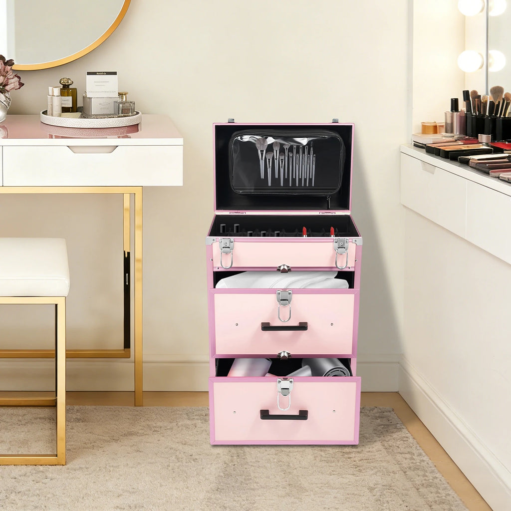 Bymaocar 40 Grids Makeup Train Case Pink Rolling Cosmetic Case 2 Large Drawers Detachable Storage Bag 3 Level Telescopic Handle Lightweight 14.8lbs Silent Universal Wheels for Nail Tattoo Beauty Salon