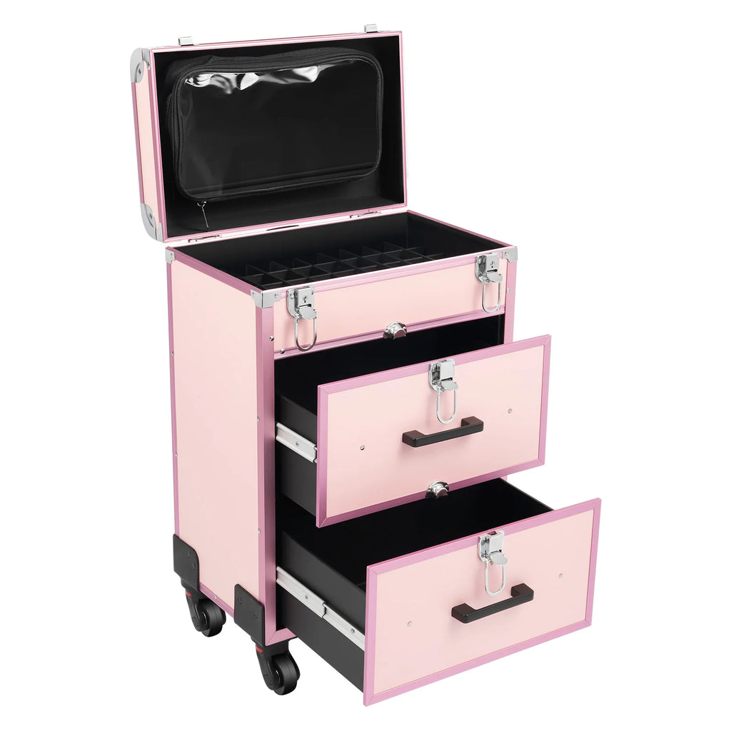 Bymaocar 40 Grids Makeup Train Case Pink Rolling Cosmetic Case 2 Large Drawers Detachable Storage Bag 3 Level Telescopic Handle Lightweight 14.8lbs Silent Universal Wheels for Nail Tattoo Beauty Salon