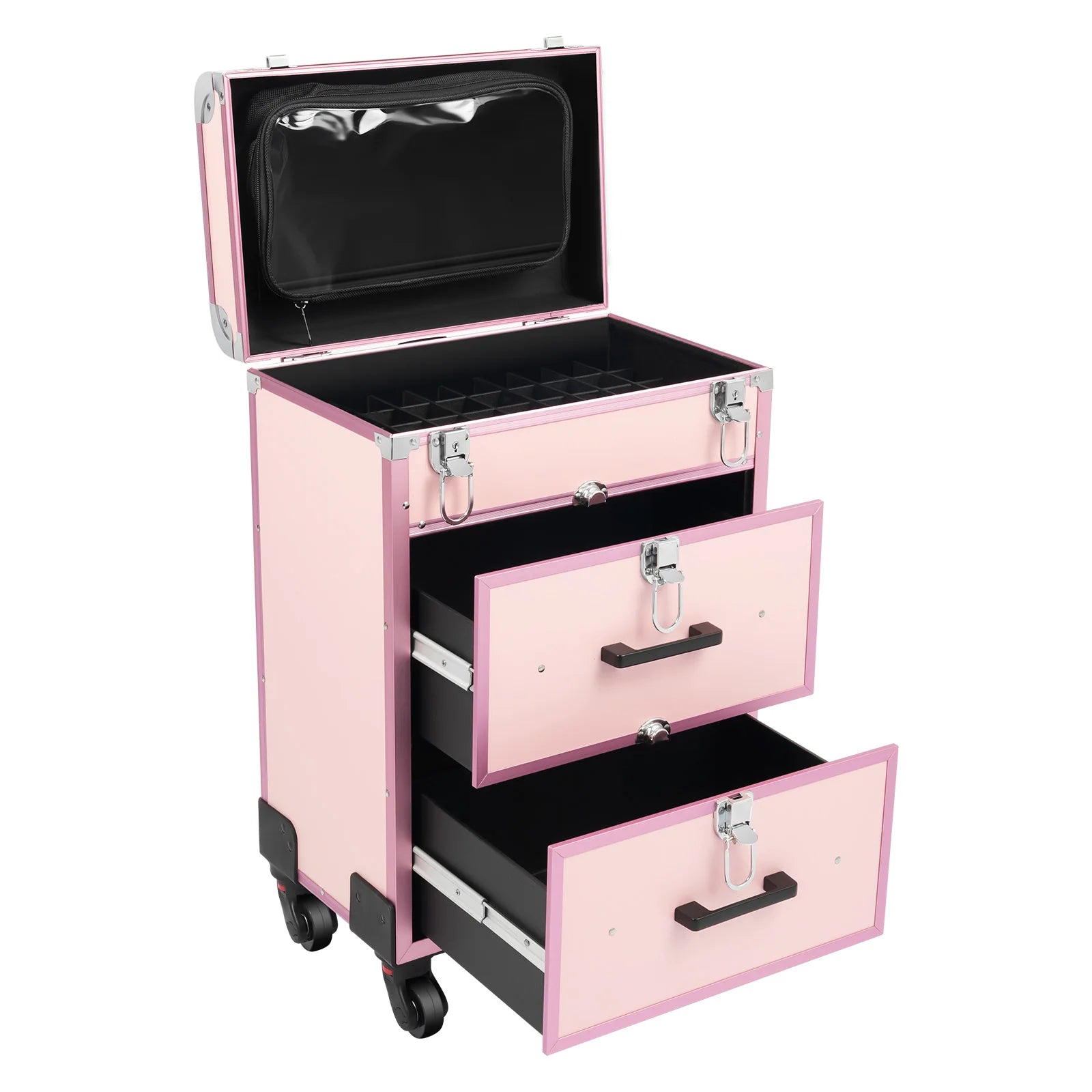 Bymaocar 40 Grids Makeup Train Case Pink Rolling Cosmetic Case 2 Large Drawers Detachable Storage Bag 3 Level Telescopic Handle Lightweight 14.8lbs Silent Universal Wheels for Nail Tattoo Beauty Salon