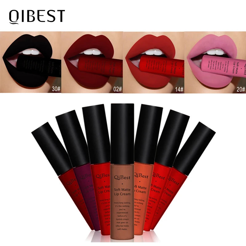 QIBEST Brand 34 Colors Liquid Lipstick Waterproof Matte Nude Lipstick