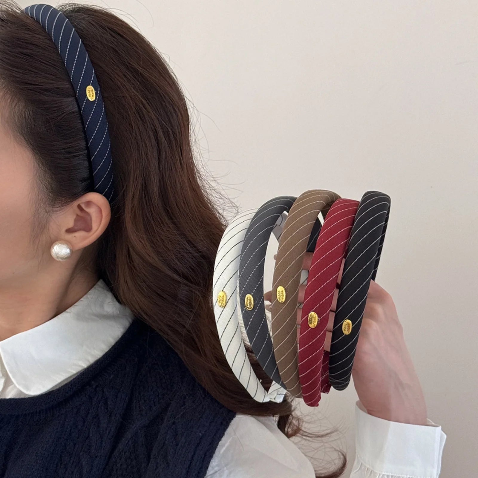 1PC Preppy Striped Headbands with Gold Accents, 5-Pack School - Style