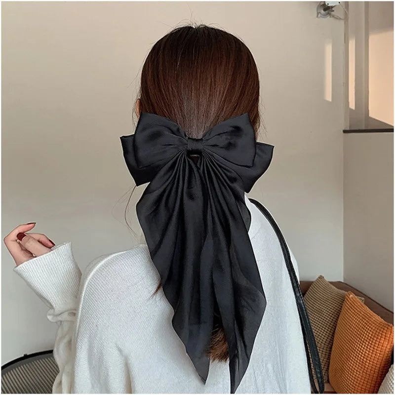 11 Solid Color Satin Ribbon Big Bows Hairpin Spring Clips Hair