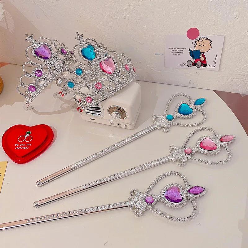 6pcs Rhinestone Tiara Crown and Magic Wand With Glitter Crystal Head