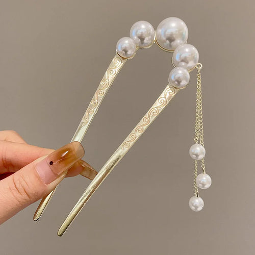 Metal U-Shaped Hair Sticks Combs Pearl Tassel Hair Fork Hair Clip