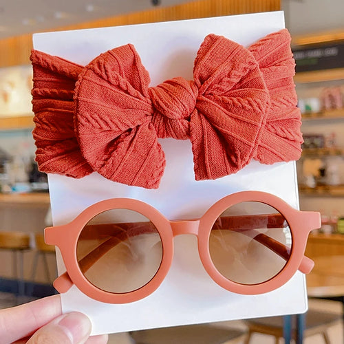 2 Pcs/Set New Children Solid Color Cotton Bowknot Wide Hairband Round