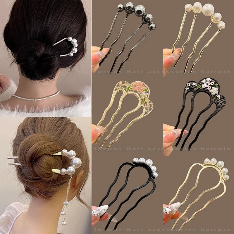 Metal U-Shaped Hair Sticks Combs Pearl Tassel Hair Fork Hair Clip