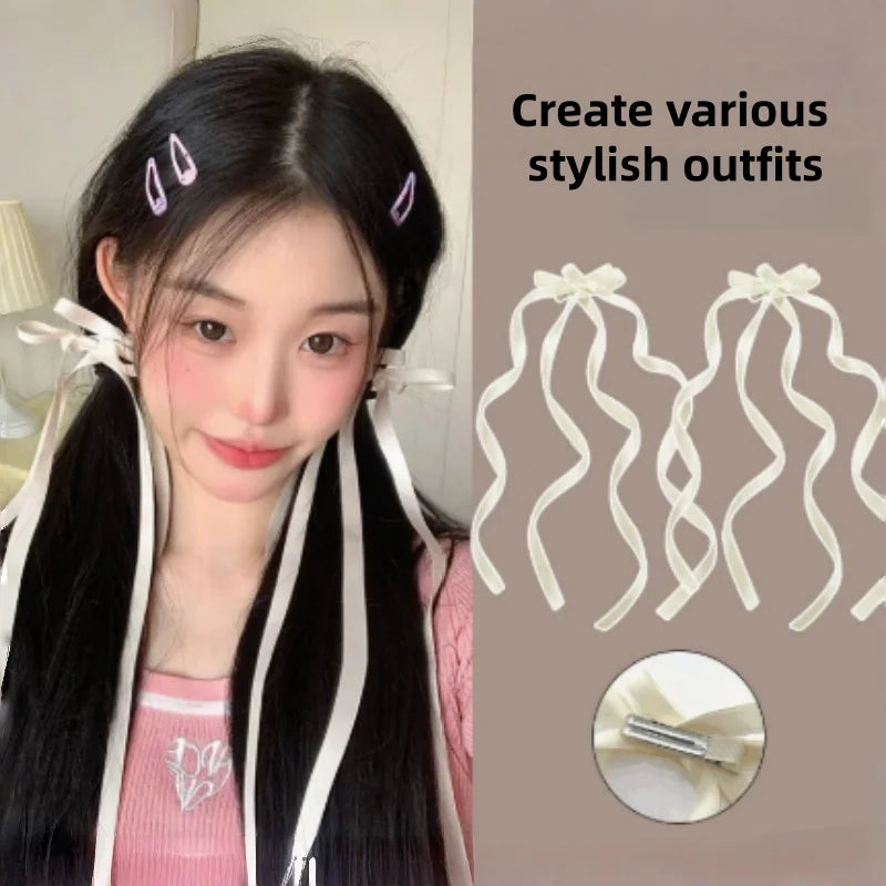 4PCS Women Sweet Ballet Style Double Bow Ribbon Hair Clips Cute Trendy