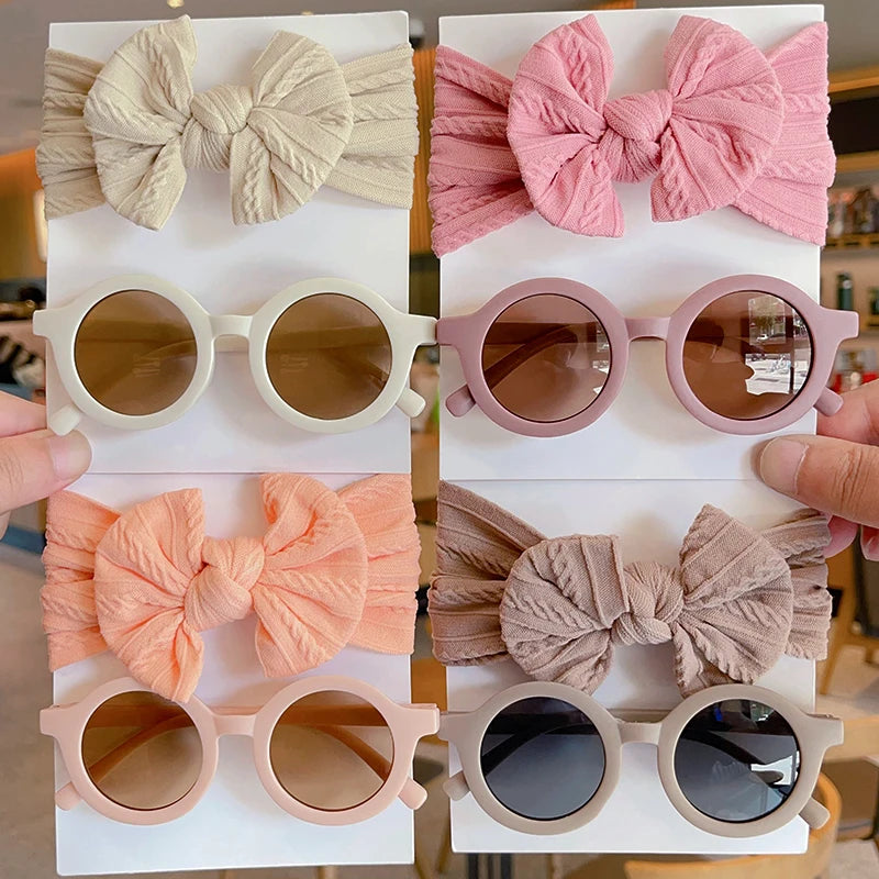 2 Pcs/Set New Children Solid Color Cotton Bowknot Wide Hairband Round