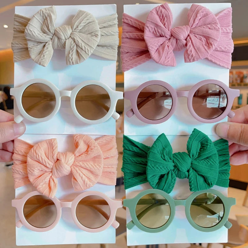 2 Pcs/Set New Children Solid Color Cotton Bowknot Wide Hairband Round