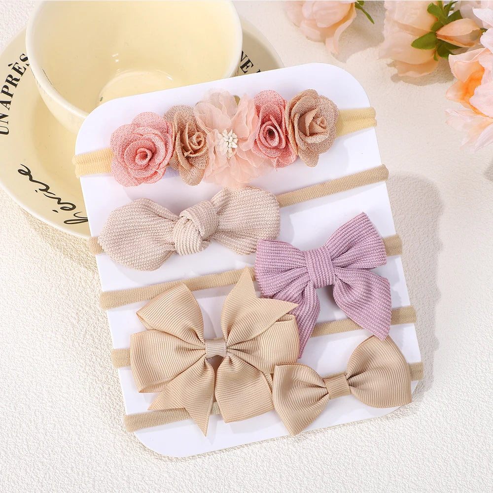 5Pcs/Set Baby Elastic Headband Newborn Flower Lace Bowknot Nylon Hair