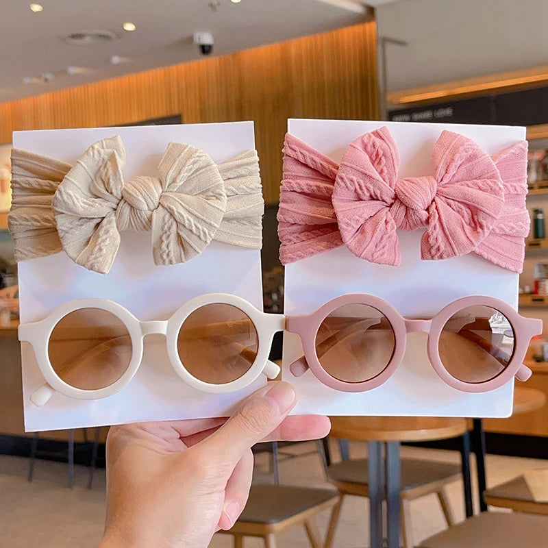 2 Pcs/Set New Children Solid Color Cotton Bowknot Wide Hairband Round