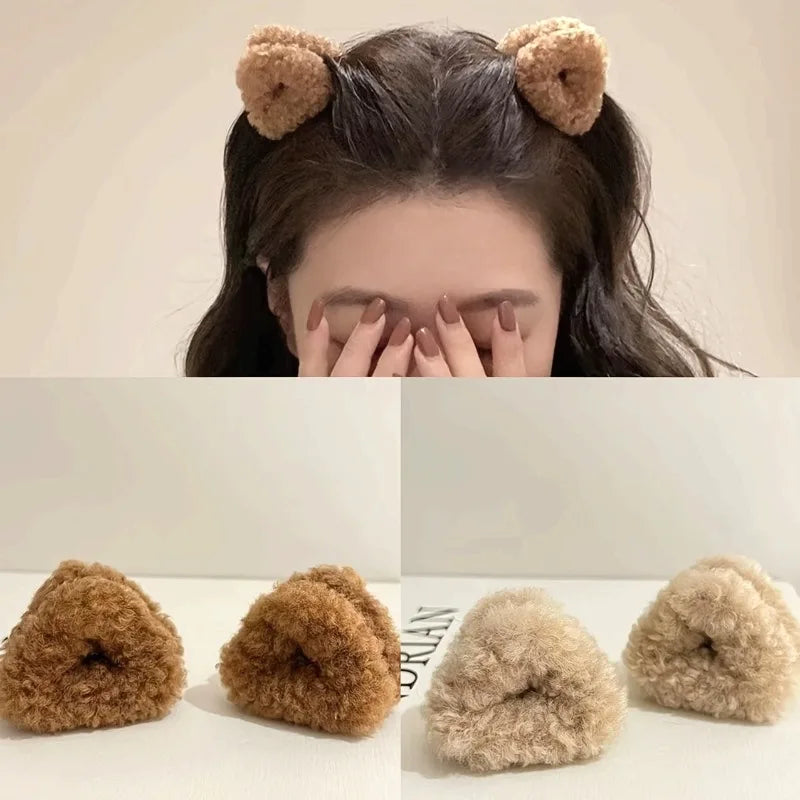 2pcs Plush Teddy Bear Ear Hair Clips Soft Furry Animal-inspired