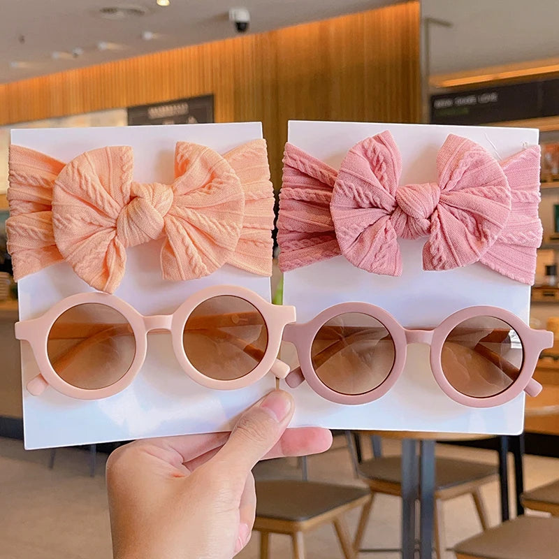 2 Pcs/Set New Children Solid Color Cotton Bowknot Wide Hairband Round