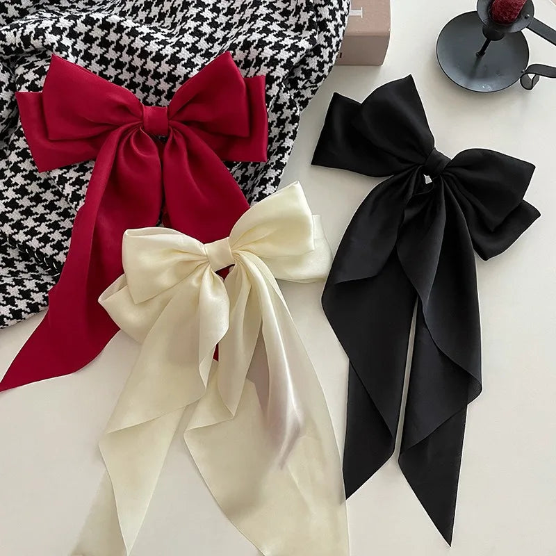 11 Solid Color Satin Ribbon Big Bows Hairpin Spring Clips Hair