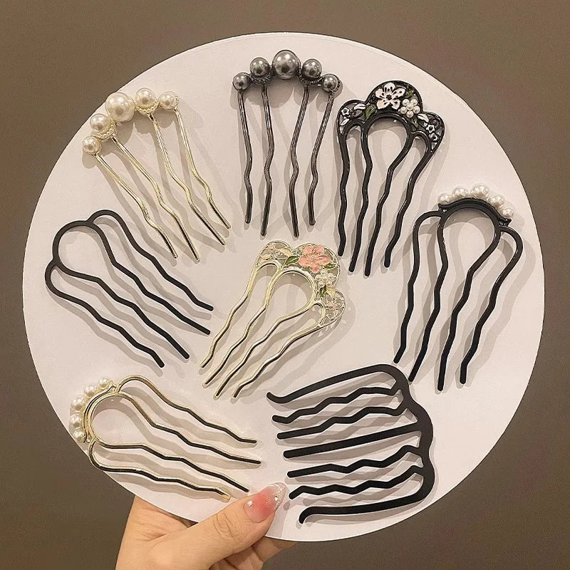 Metal U-Shaped Hair Sticks Combs Pearl Tassel Hair Fork Hair Clip