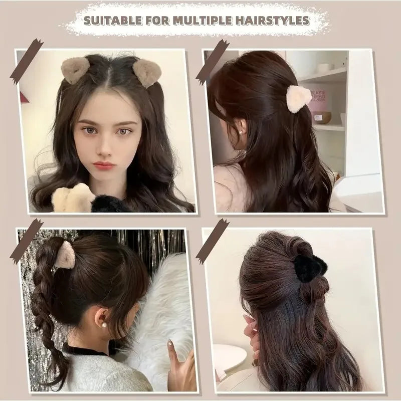 2pcs Plush Teddy Bear Ear Hair Clips Soft Furry Animal-inspired
