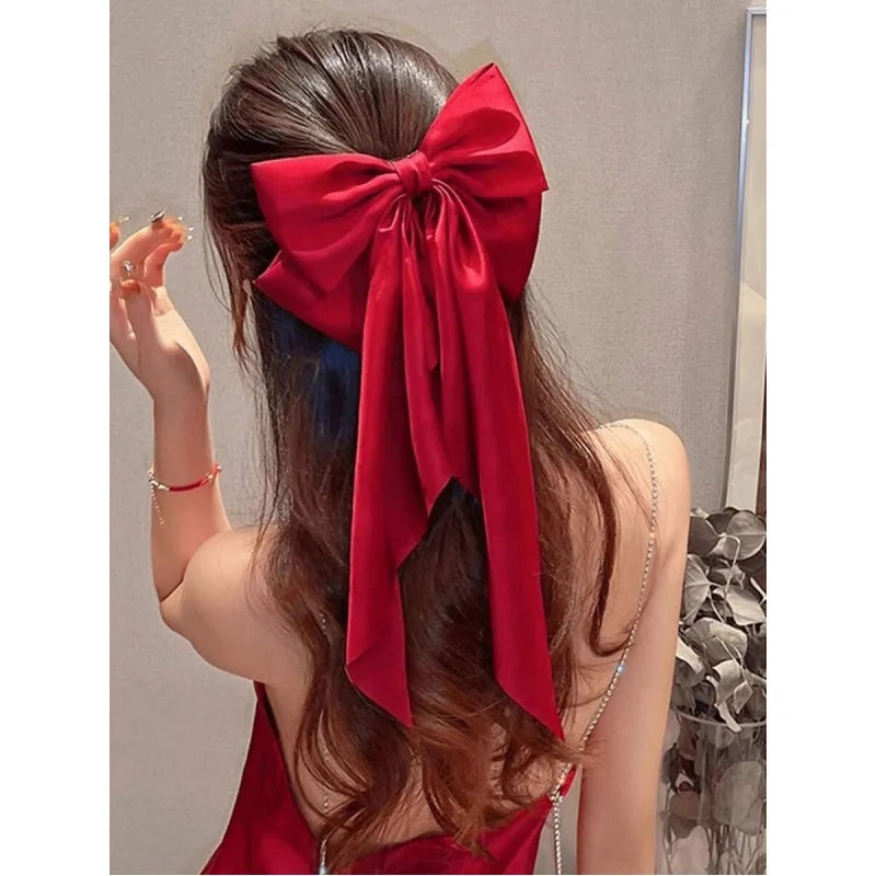 1Pc Red Hair Bows Big Hair Barrettes With Long Tail Gracefulness Hair