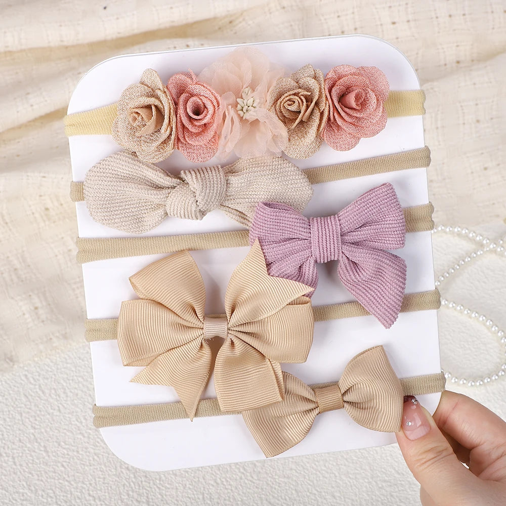 5Pcs/Set Baby Elastic Headband Newborn Flower Lace Bowknot Nylon Hair