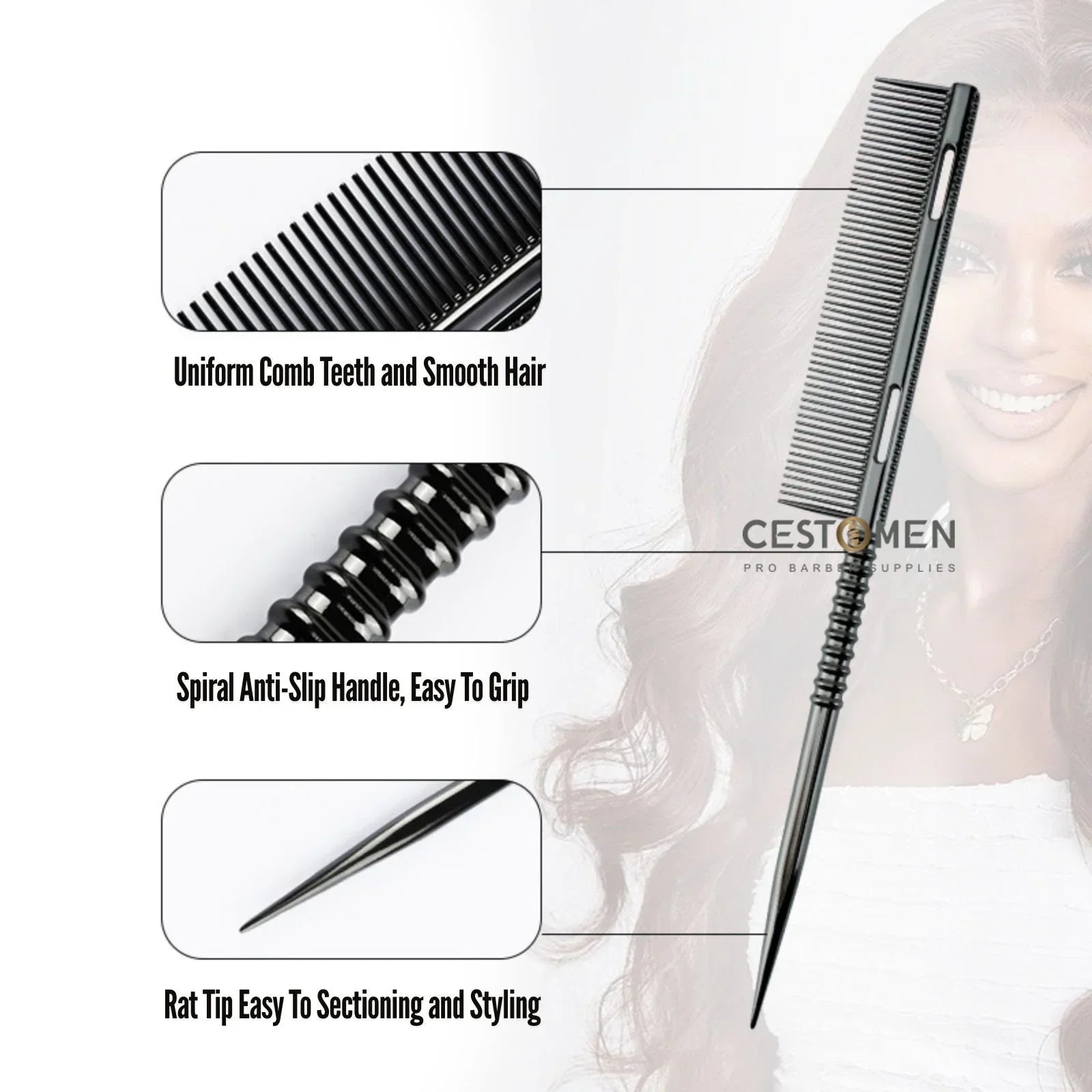 New Design Rat Tail Aluminium Styling Comb Professional Barber Heat