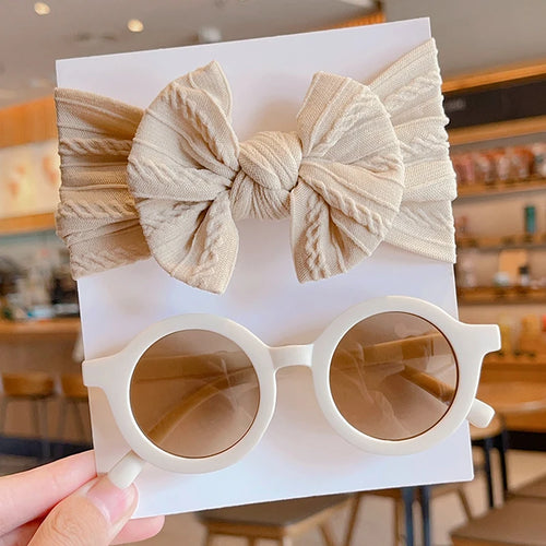 2 Pcs/Set New Children Solid Color Cotton Bowknot Wide Hairband Round