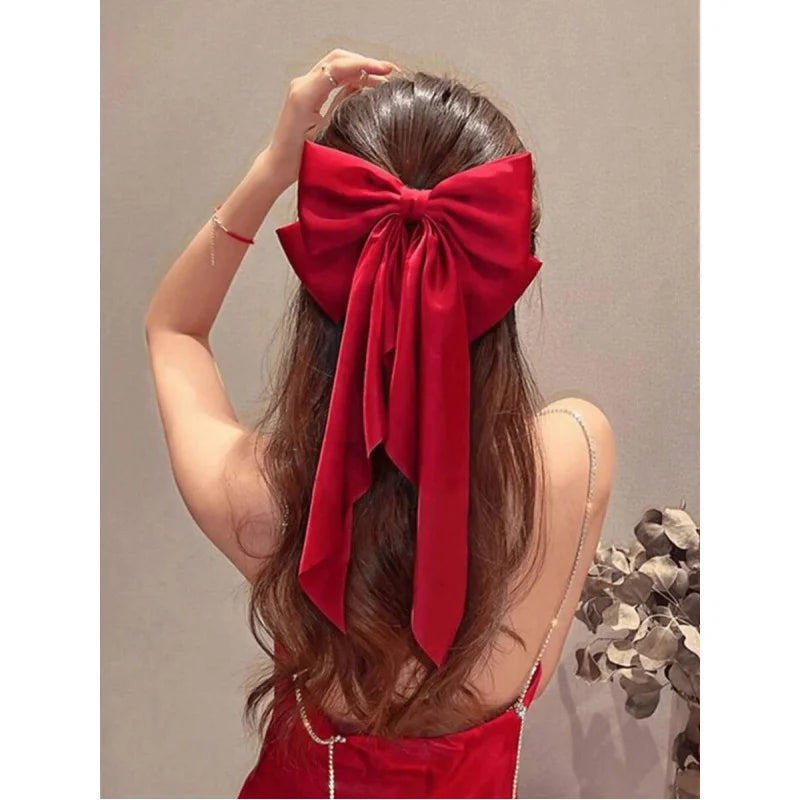 1Pc Red Hair Bows Big Hair Barrettes With Long Tail Gracefulness Hair