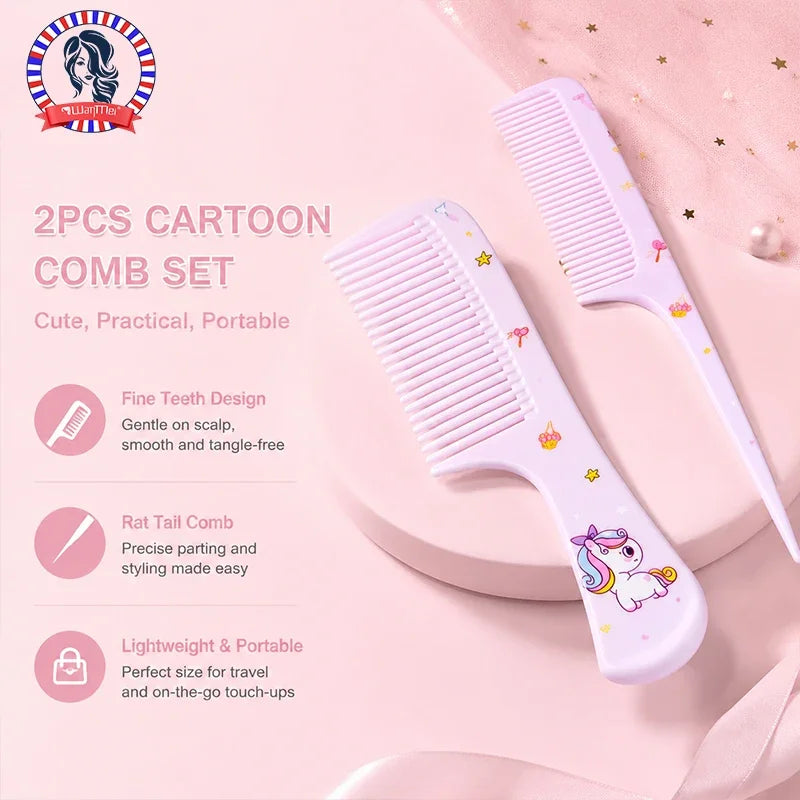 2pcs Cartoon Cute Small Comb Set, Fine Tooth Rat Tail Comb, Portable