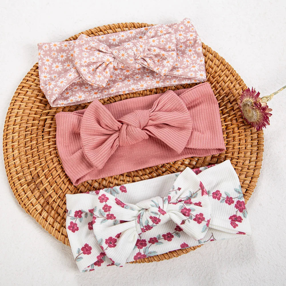 3Pcs/lot Ins Ribbed Baby Girls Headbands Floral Red Heart Dasiy Print