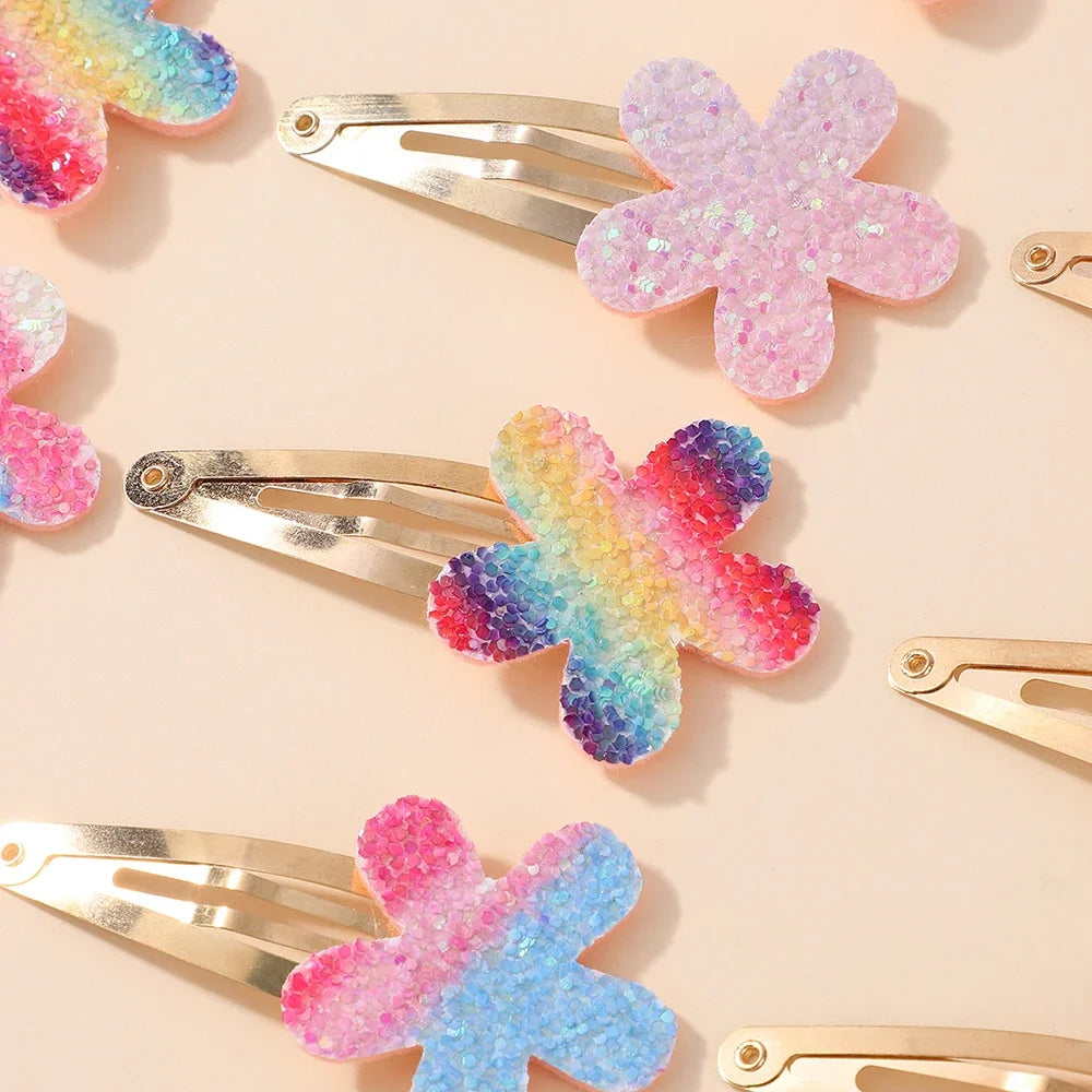 16Pcs Fashion Glitter Rainbow Flower Rabbit BB Handmade Hairpins For