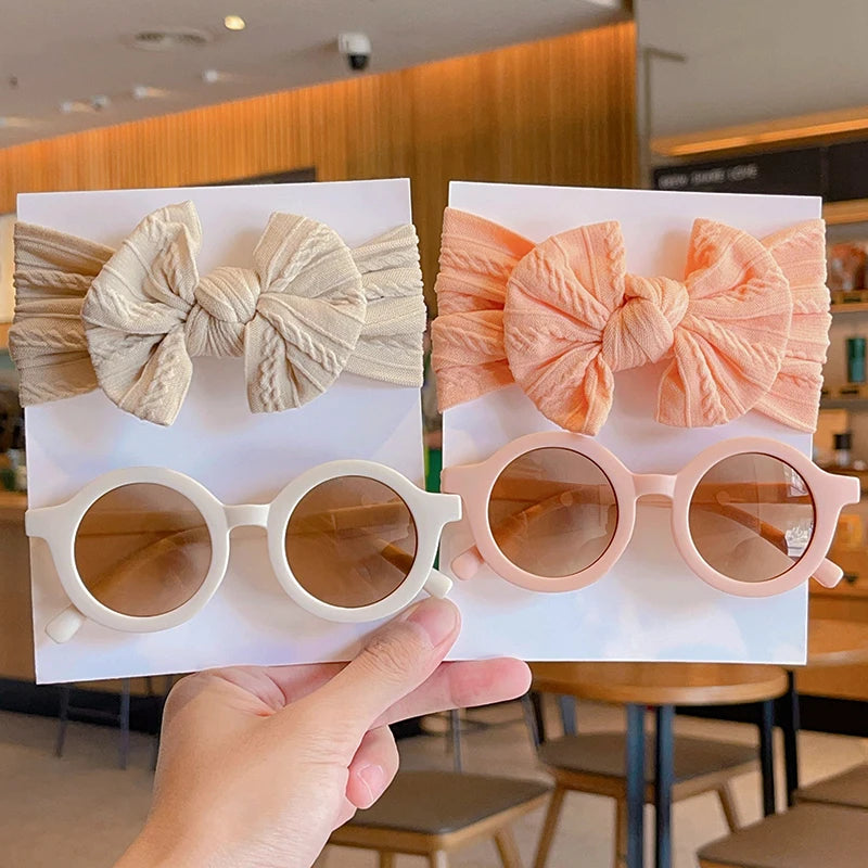 2 Pcs/Set New Children Solid Color Cotton Bowknot Wide Hairband Round