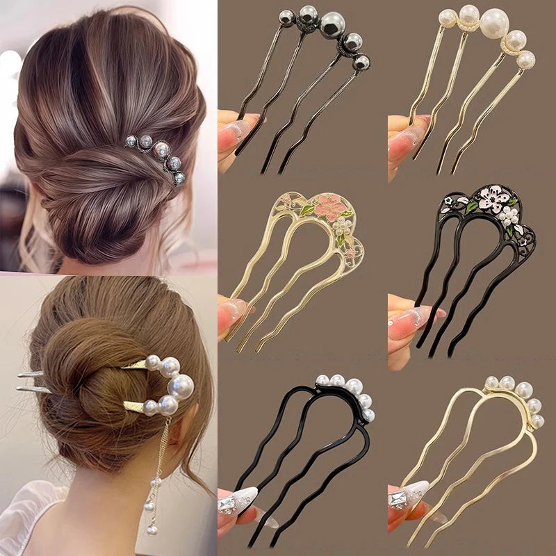Metal U-Shaped Hair Sticks Combs Pearl Tassel Hair Fork Hair Clip