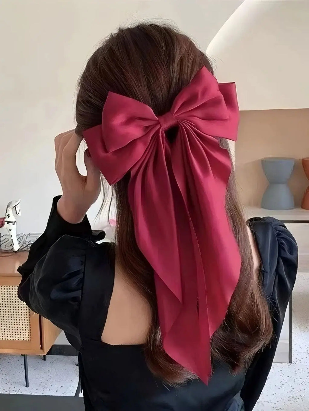 1Pc Red Hair Bows Big Hair Barrettes With Long Tail Gracefulness Hair