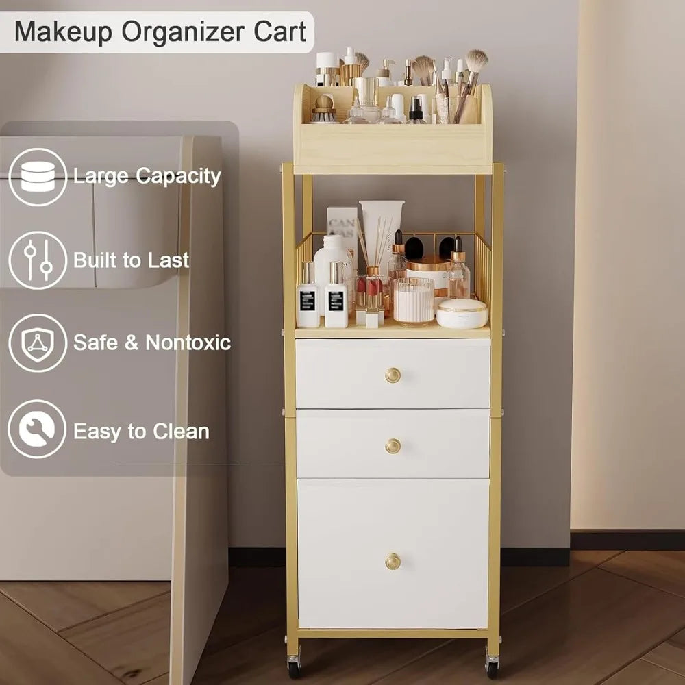 Floor Makeup Organizer Cart with Drawers, 3-Tier Cosmetic Storage for Skincare, Perfume, Nail Polish, Hair Tools, Gold