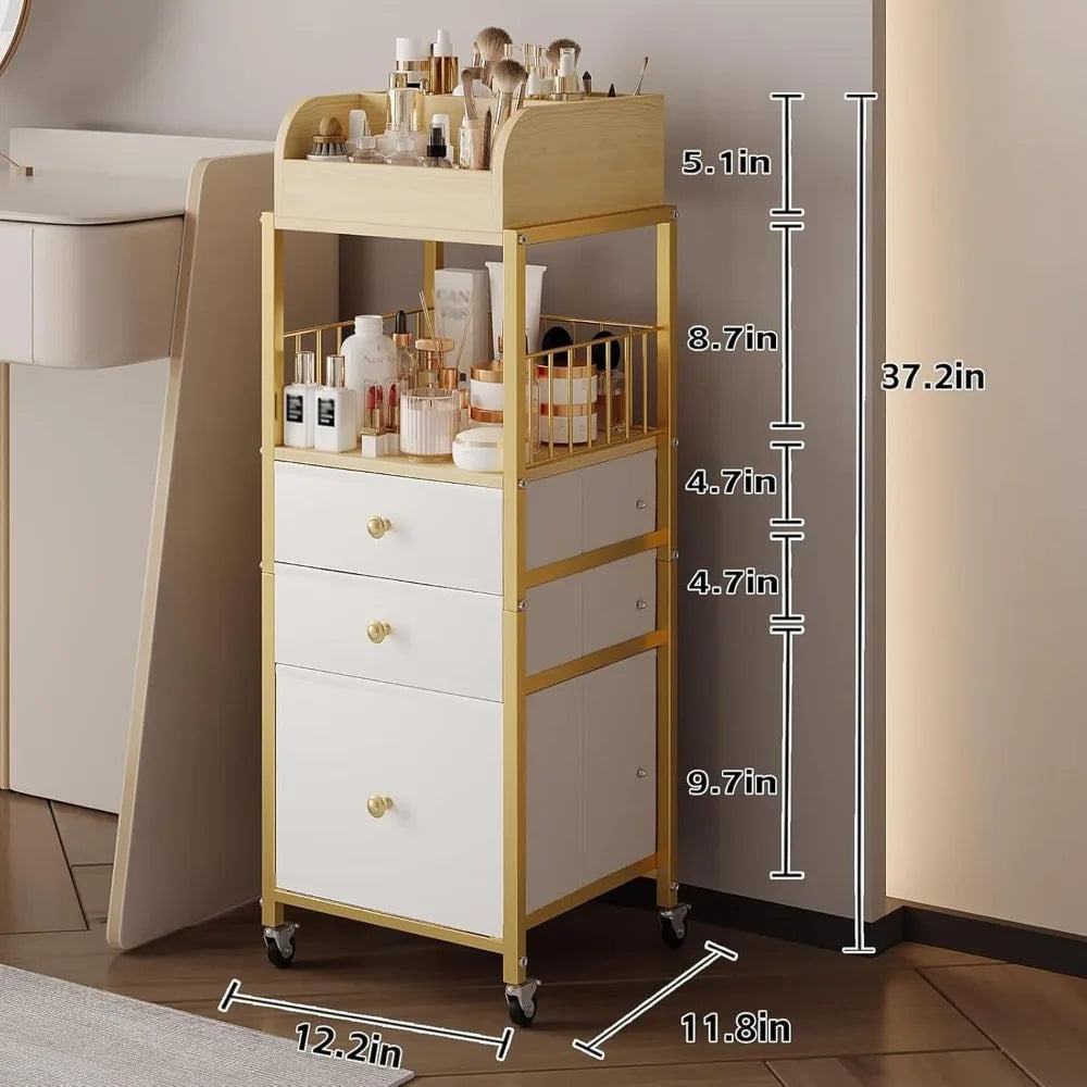 Floor Makeup Organizer Cart with Drawers, 3-Tier Cosmetic Storage for Skincare, Perfume, Nail Polish, Hair Tools, Gold