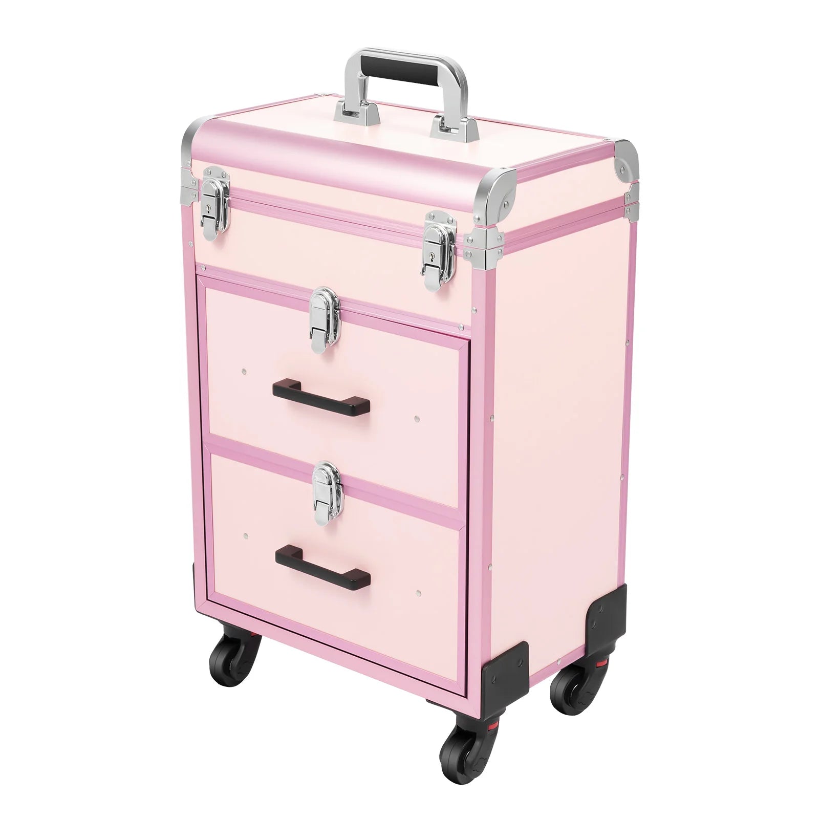 Bymaocar 40 Grids Makeup Train Case Pink Rolling Cosmetic Case 2 Large Drawers Detachable Storage Bag 3 Level Telescopic Handle Lightweight 14.8lbs Silent Universal Wheels for Nail Tattoo Beauty Salon